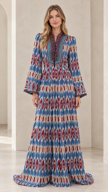 Full front view of blue boho ikat print long sleeve maxi dress with beaded neckline