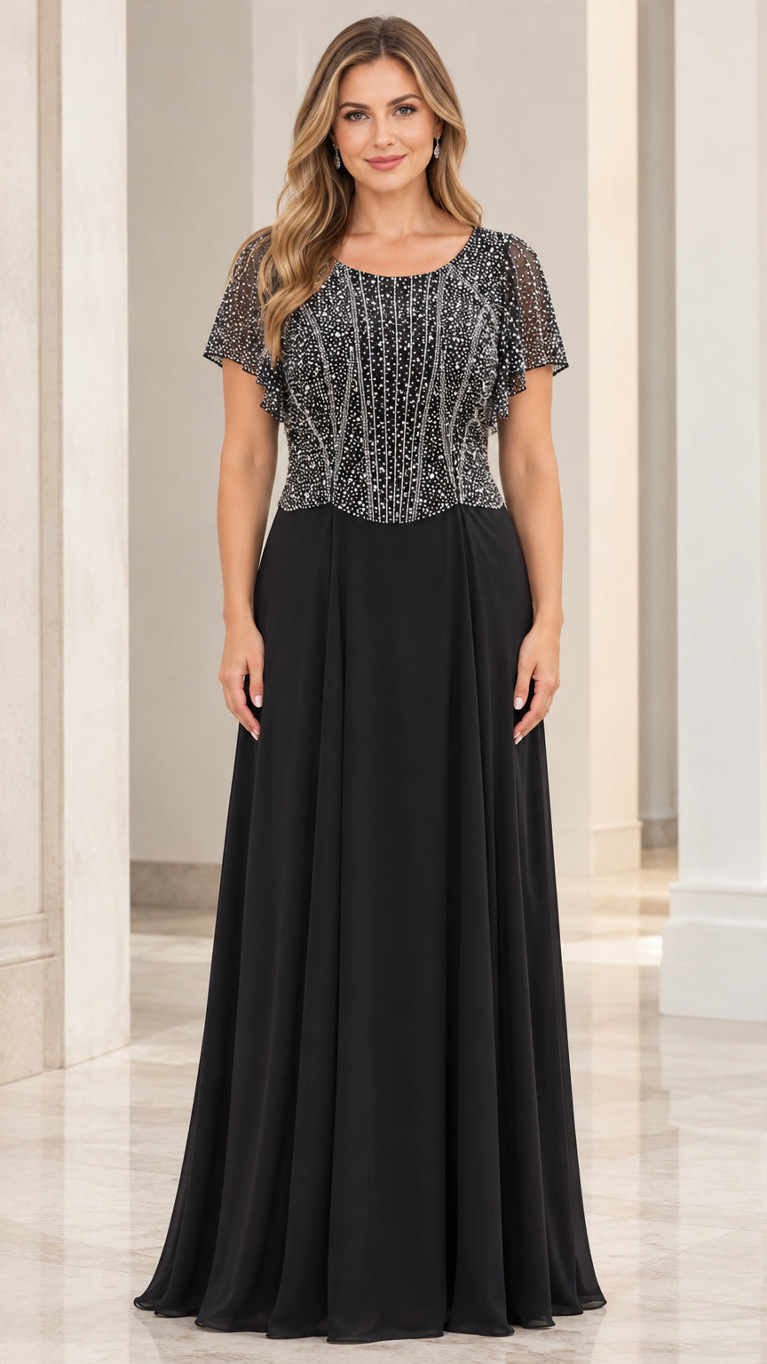 Front view of black beaded flutter sleeve A-line chiffon maxi evening dress