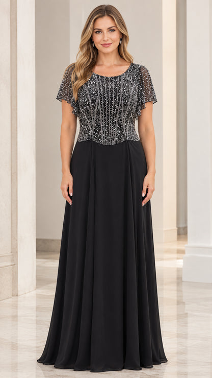 Front view of black beaded flutter sleeve A-line chiffon maxi evening dress