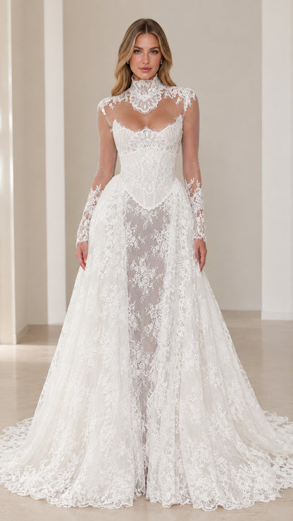 Front view of model wearing a White high neck floral lace corset evening gown
