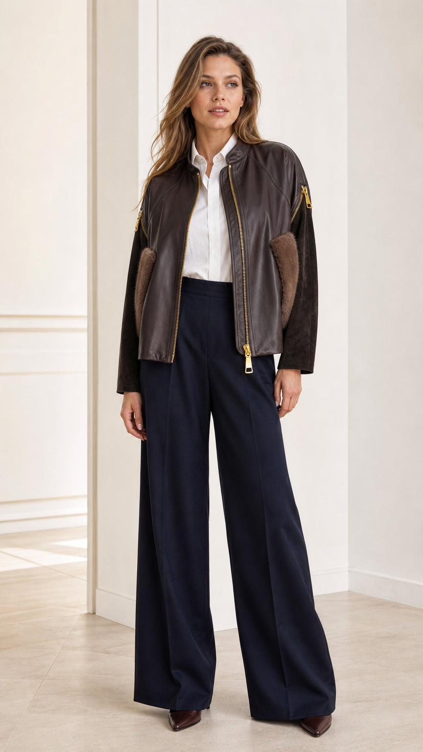 Front full view of woman wearing Dark Brown faux leather bomber jacket with plush pockets and navy trousers