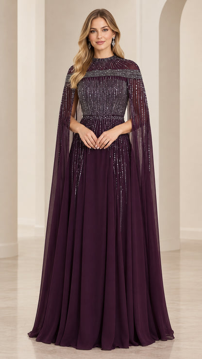 Plum beaded cape sleeve evening gown front view