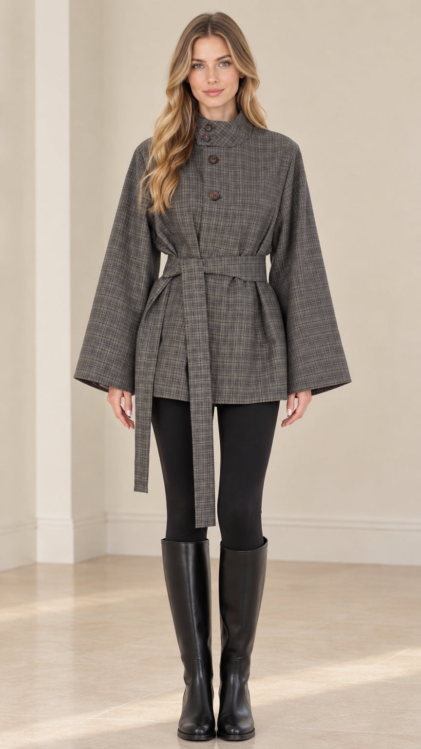 Front view of woman wearing grey plaid belted cape jacket with stand collar and wide sleeves