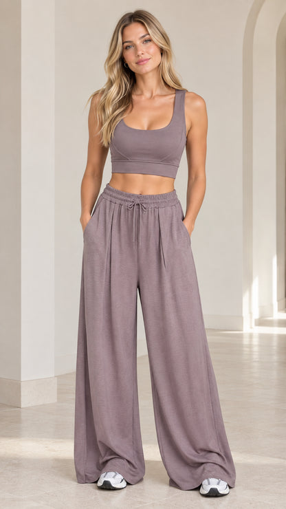 Front view of woman wearing Dusty Mauve 2-piece crop tank and wide-leg lounge set