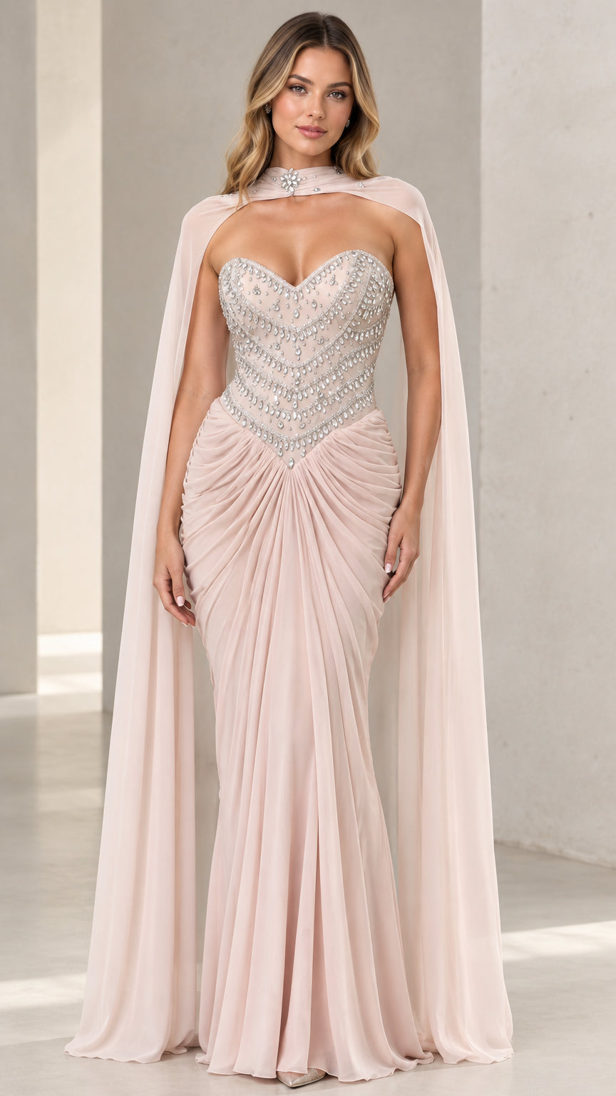 Front view of Blush Pink embellished sweetheart evening gown with sheer cape