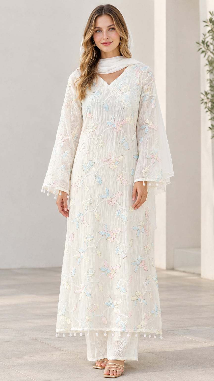 Full front view of model wearing white embroidered 3-piece kurta set with trousers and scarf