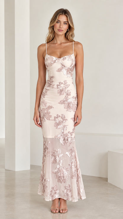 Model wearing Blush Pink floral embroidered corset mermaid maxi dress front view