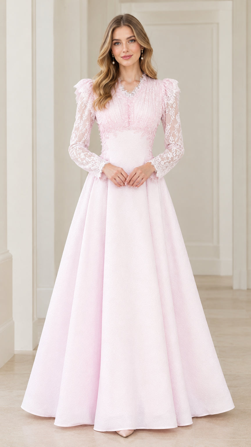 Front view of woman wearing Light Pink floral lace long sleeve evening gown