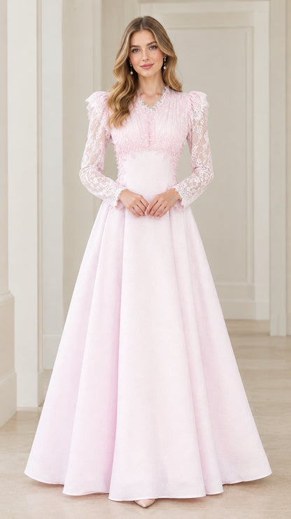 Front view of woman wearing Light Pink floral lace long sleeve evening gown