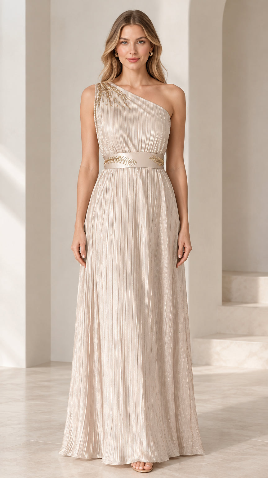 Front view of model wearing Champagne one-shoulder pleated evening maxi dress