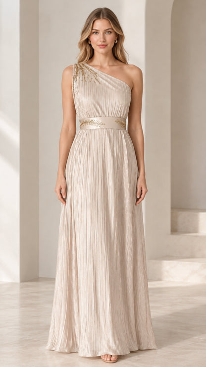 Front view of model wearing Champagne one-shoulder pleated evening maxi dress