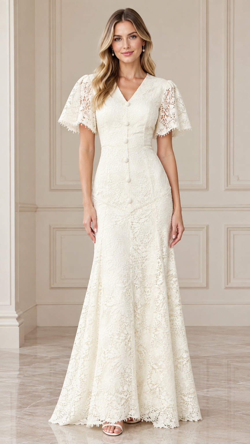 Front full view of woman wearing ivory floral lace V-neck mermaid maxi dress with flutter sleeves