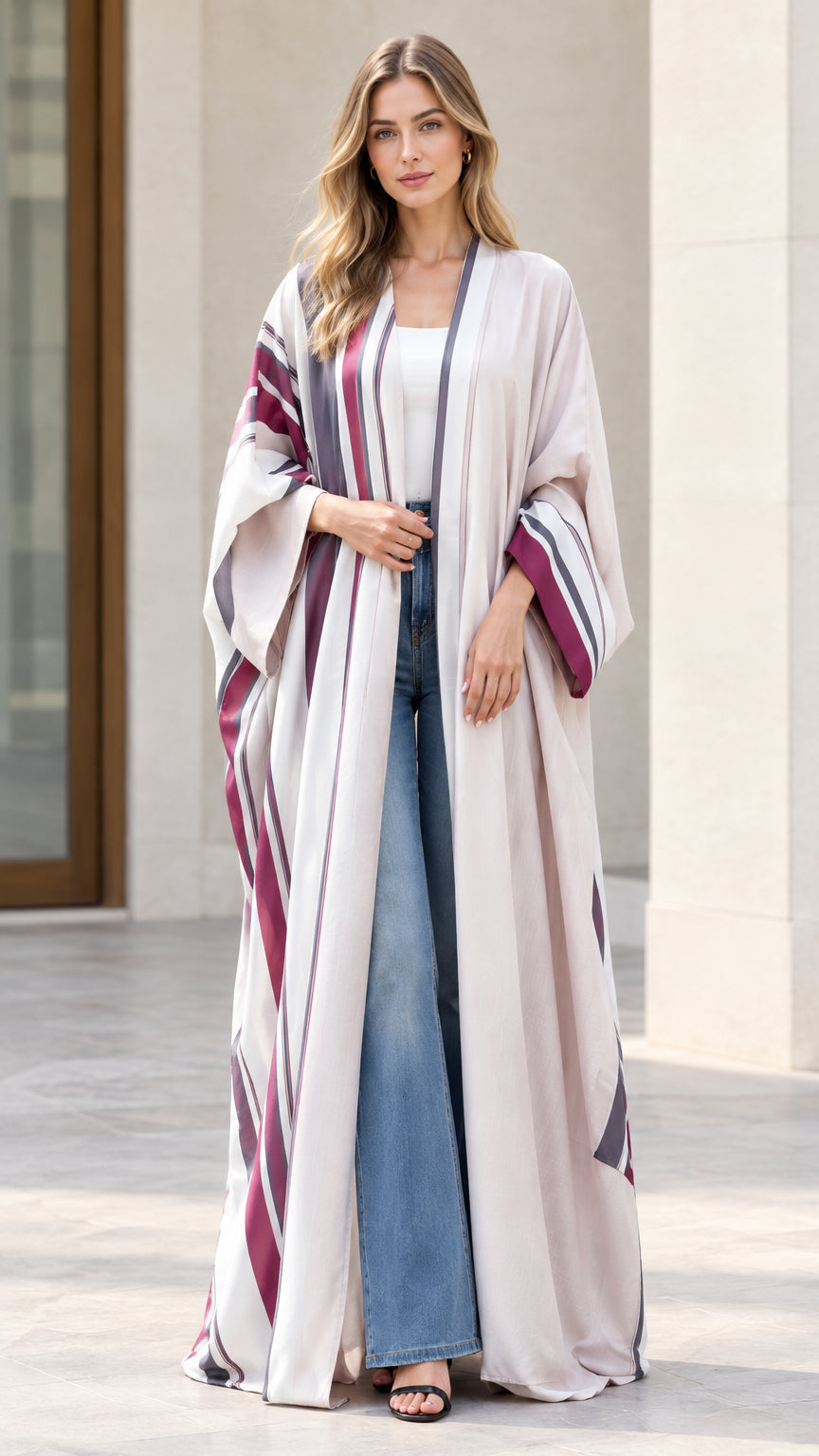 Full front view of woman wearing off-white striped open front maxi kimono duster with wide-leg jeans