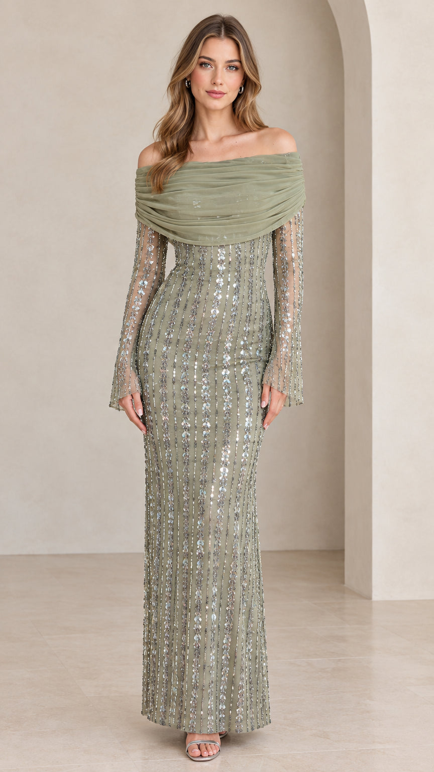 Front view of model wearing Sage Green off-the-shoulder sequin long evening gown