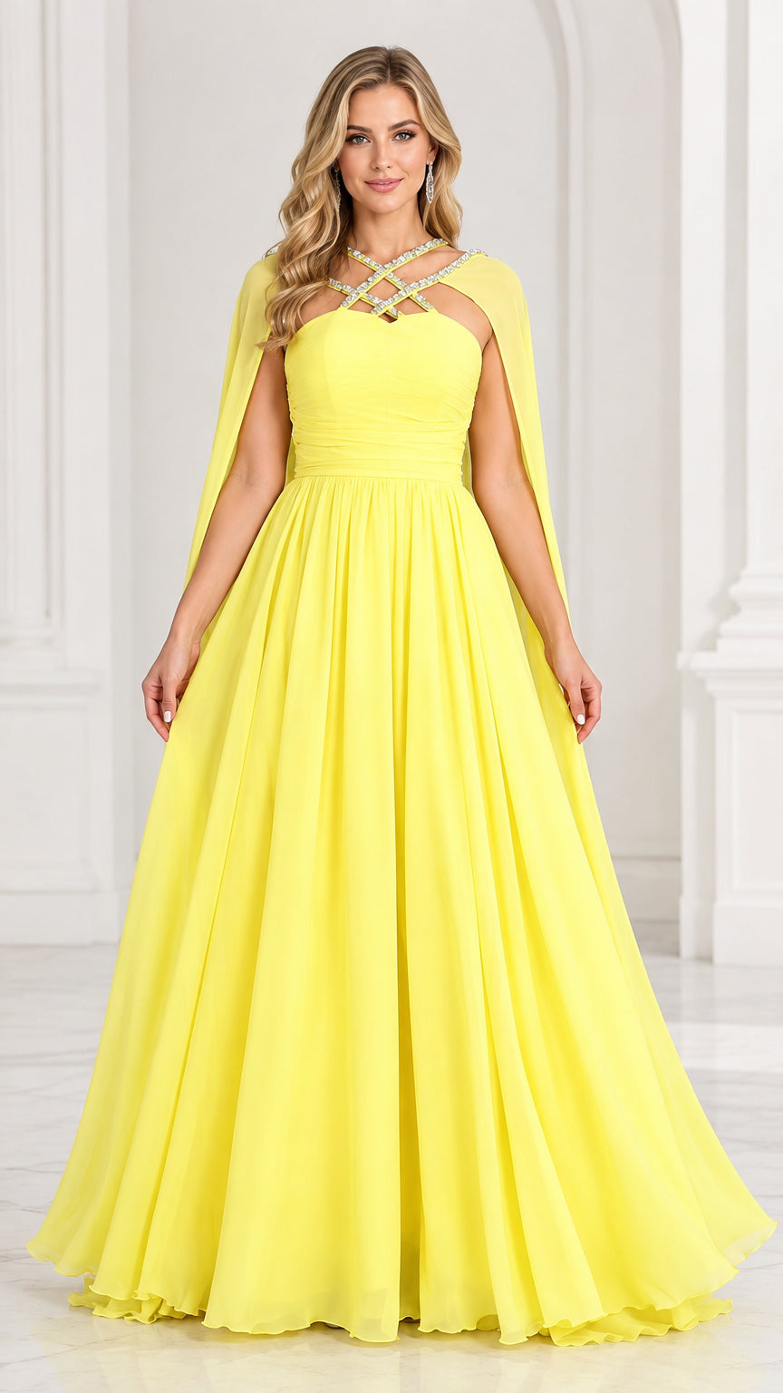 Yellow floor-length chiffon evening gown with embellished crisscross neckline and cape front view