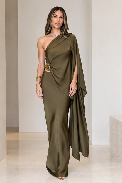 Front view of model wearing olive green one-shoulder draped satin maxi dress with cutout ring