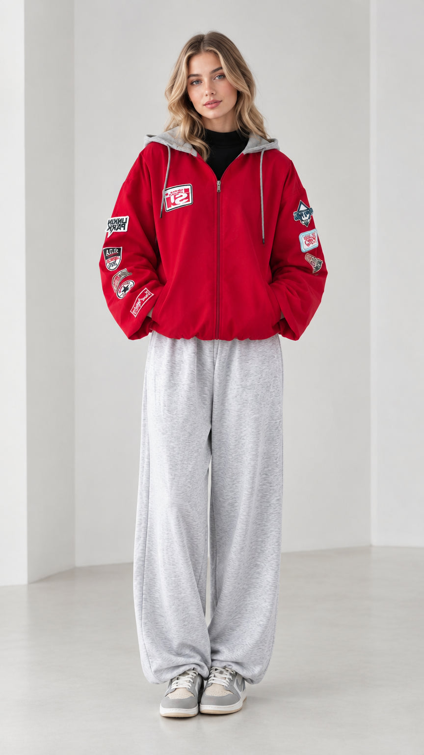 Front full view of woman wearing red zip-up hooded bomber jacket with sleeve patches and grey sweatpants