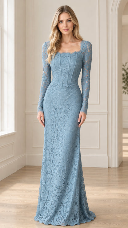 Front view of long sleeve dusty blue floral lace evening gown with corset bodice