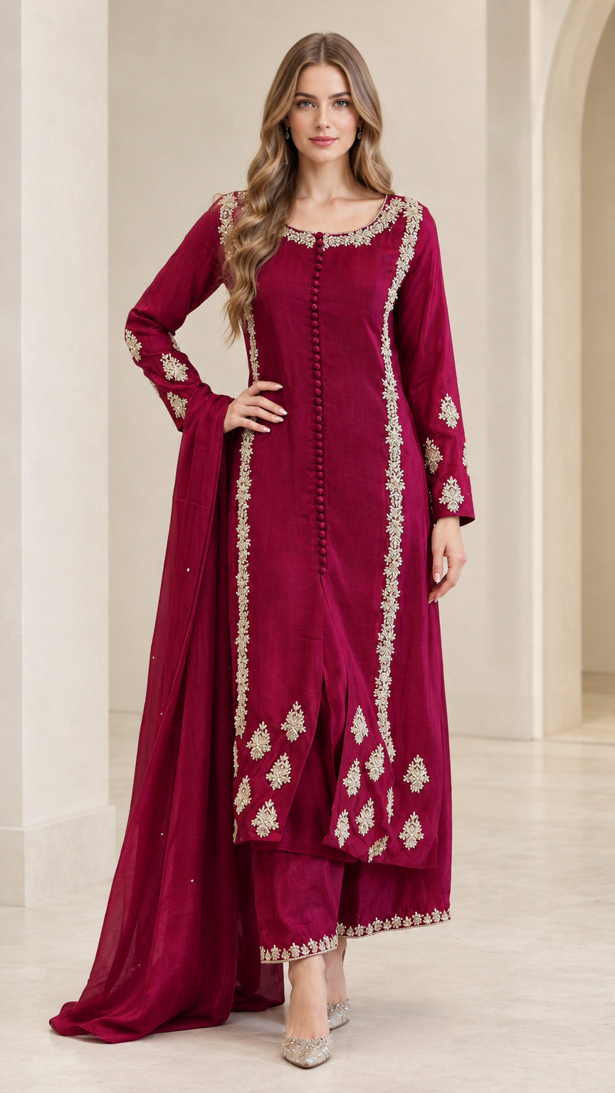 Full front view of women's wine red embroidered kurta pant set with dupatta