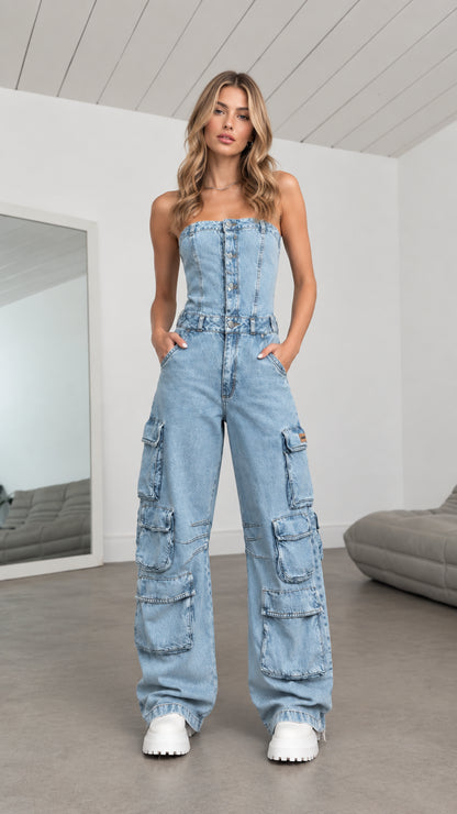 Front view of model wearing Light Blue strapless denim cargo wide-leg jumpsuit