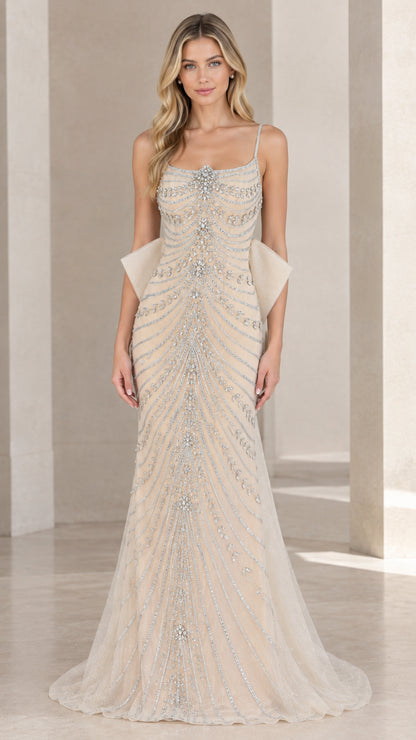 Front view of champagne beaded spaghetti strap evening gown with back bow accents