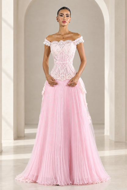 Front view of Blush Pink off-the-shoulder pleated corset evening gown