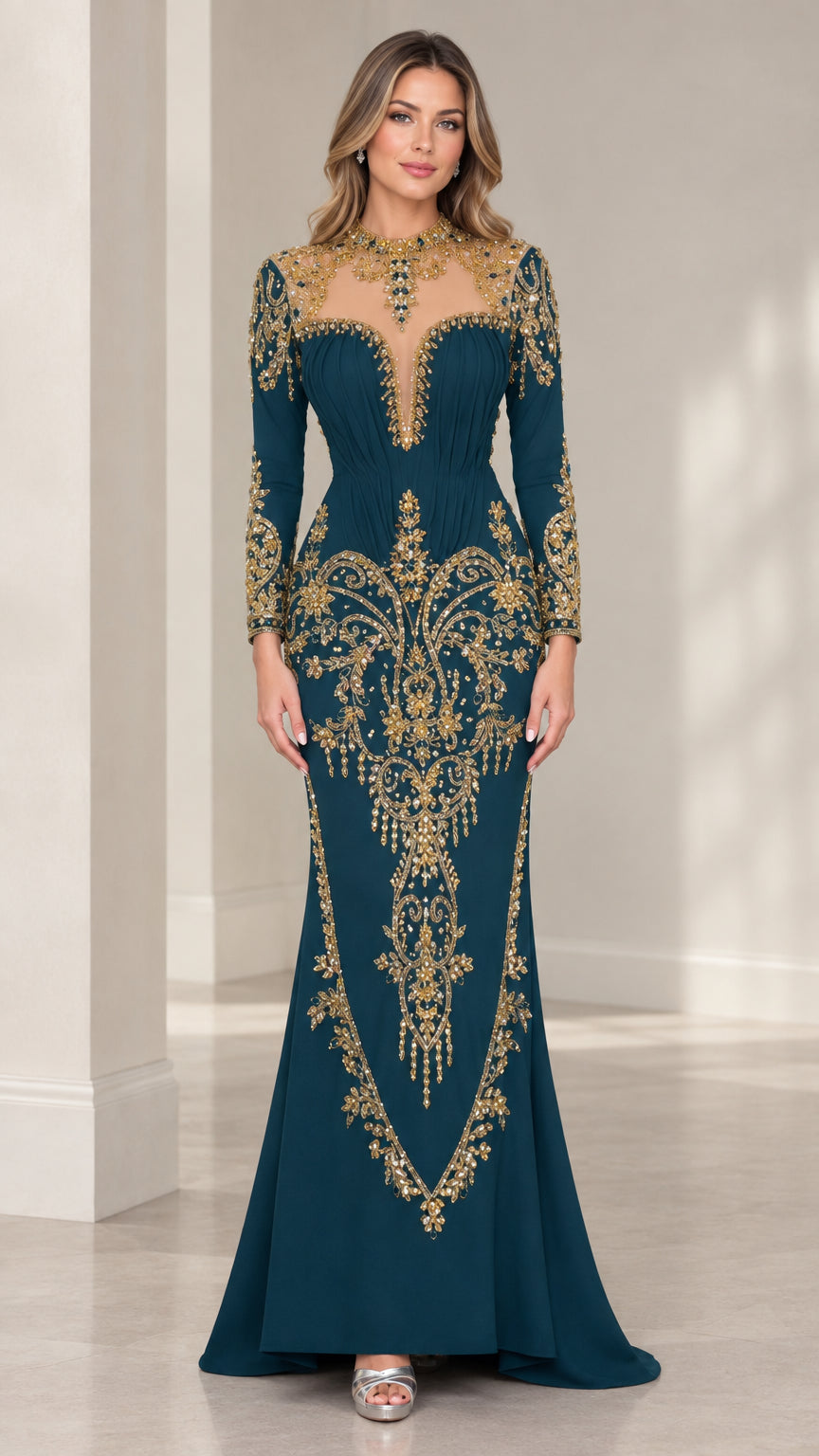 Front view of teal long sleeve mermaid evening gown with gold beaded baroque embellishments and illusion neckline