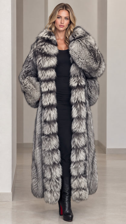 Front view of model wearing full-length silver grey faux fur maxi coat