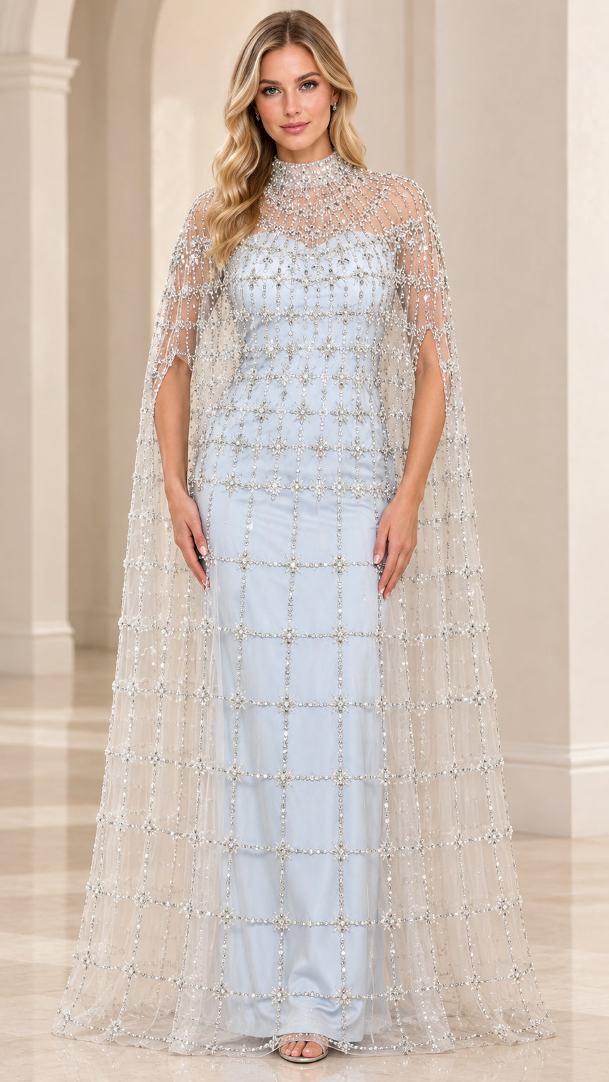 Sky blue floor-length evening gown with beaded sheer cape overlay front view
