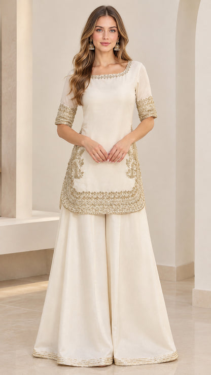 Front full view of ivory embroidered kurti and flared sharara pant set