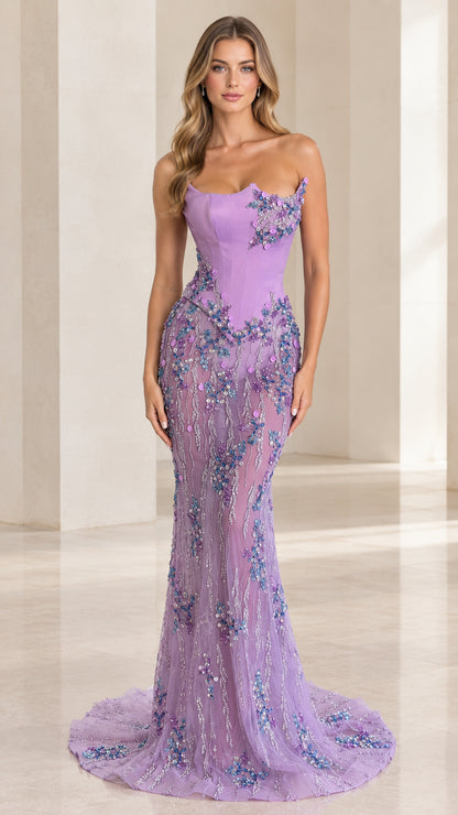 Front view of lavender strapless corset mermaid evening gown with floral sequin embroidery