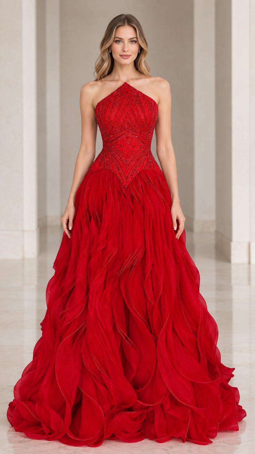 Front view of woman wearing Red Beaded Halter Tiered Ruffle Ball Gown