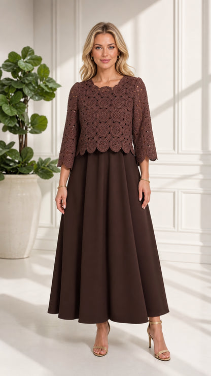 Front full view of chocolate brown crochet lace overlay maxi dress