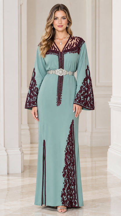 Front full-length view of Sage Green embroidered caftan maxi dress with belt and flared sleeves