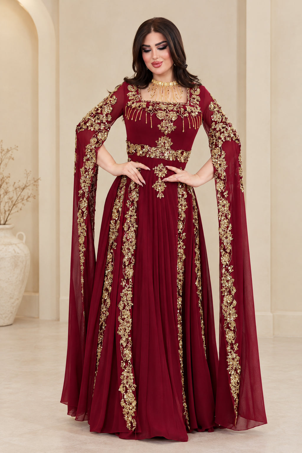 Burgundy embroidered cape sleeve maxi evening gown front view