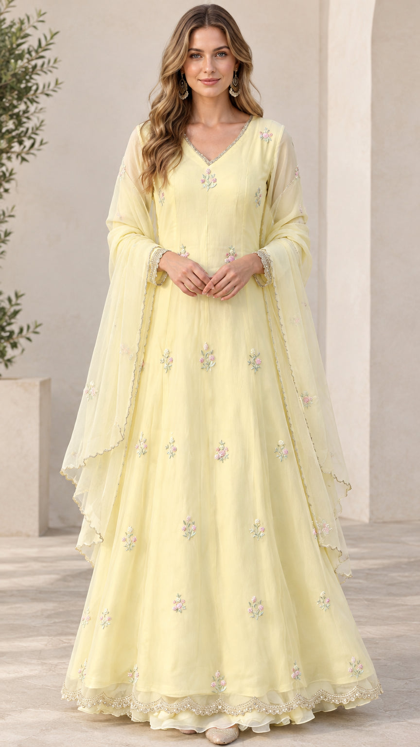Full front view of model wearing pastel yellow embroidered maxi dress with matching scarf