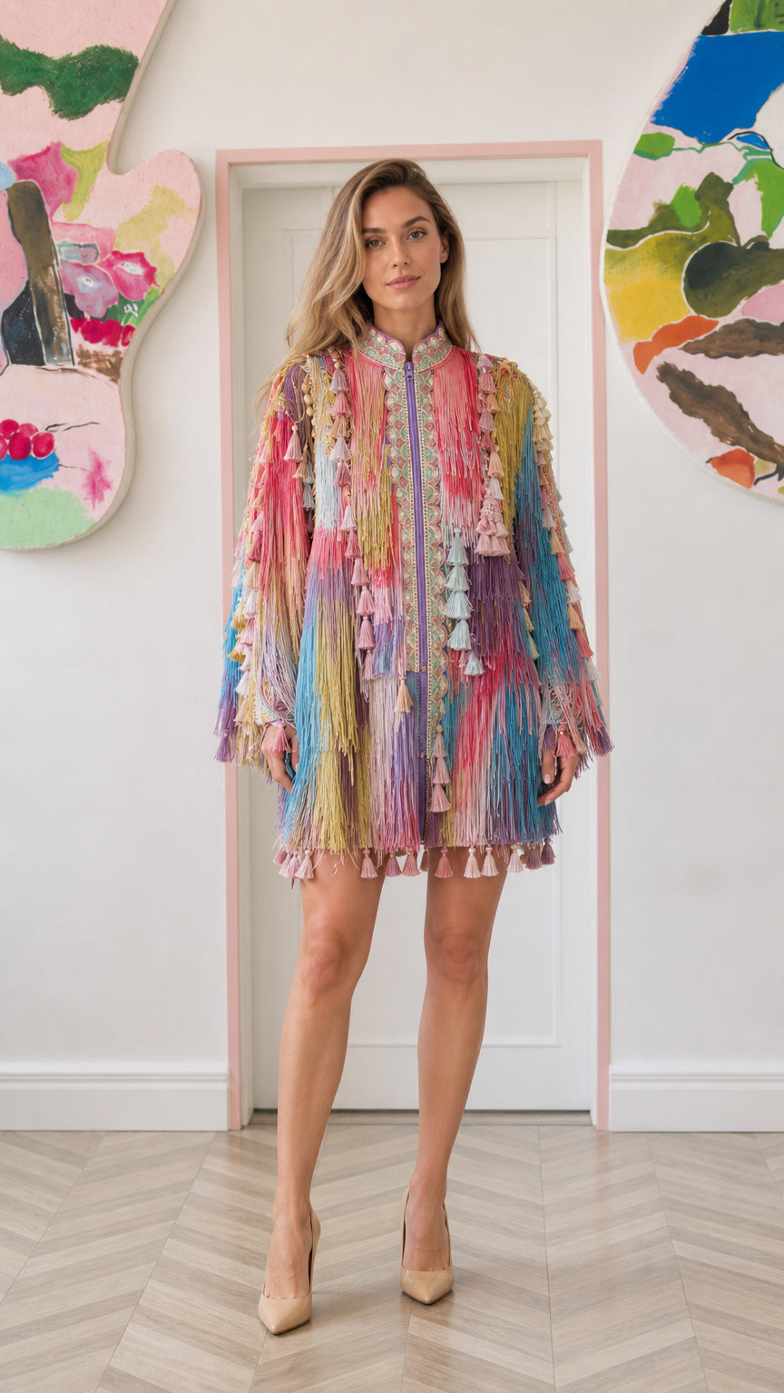 Model wearing pastel multicolor fringe tassel zip mini dress front view