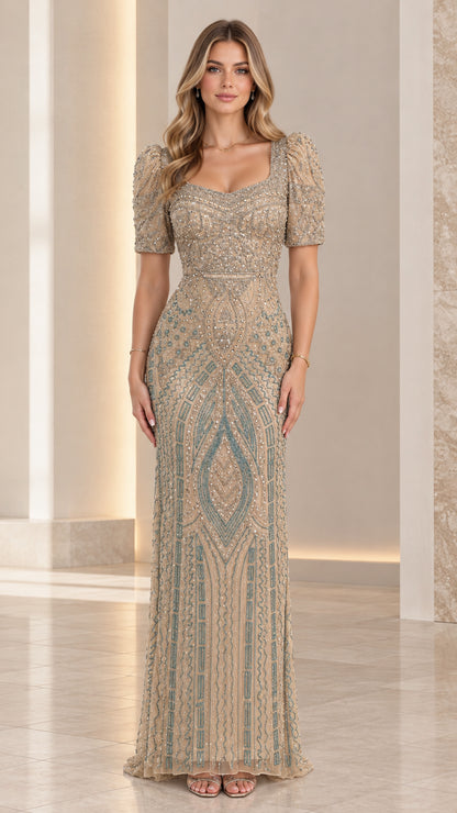 Champagne Art Deco beaded evening gown front view with sweetheart neckline