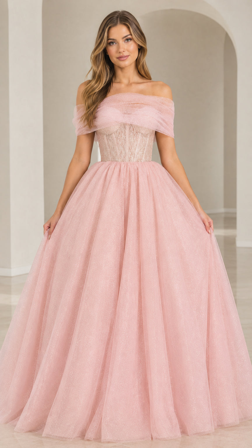 Front view of model wearing Blush Pink off-the-shoulder glitter tulle corset ball gown
