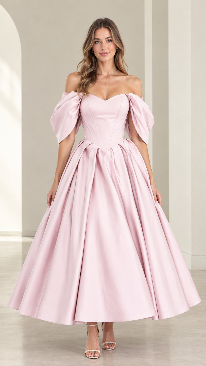 Full front view of model wearing Blush Pink off-the-shoulder corset pleated evening dress