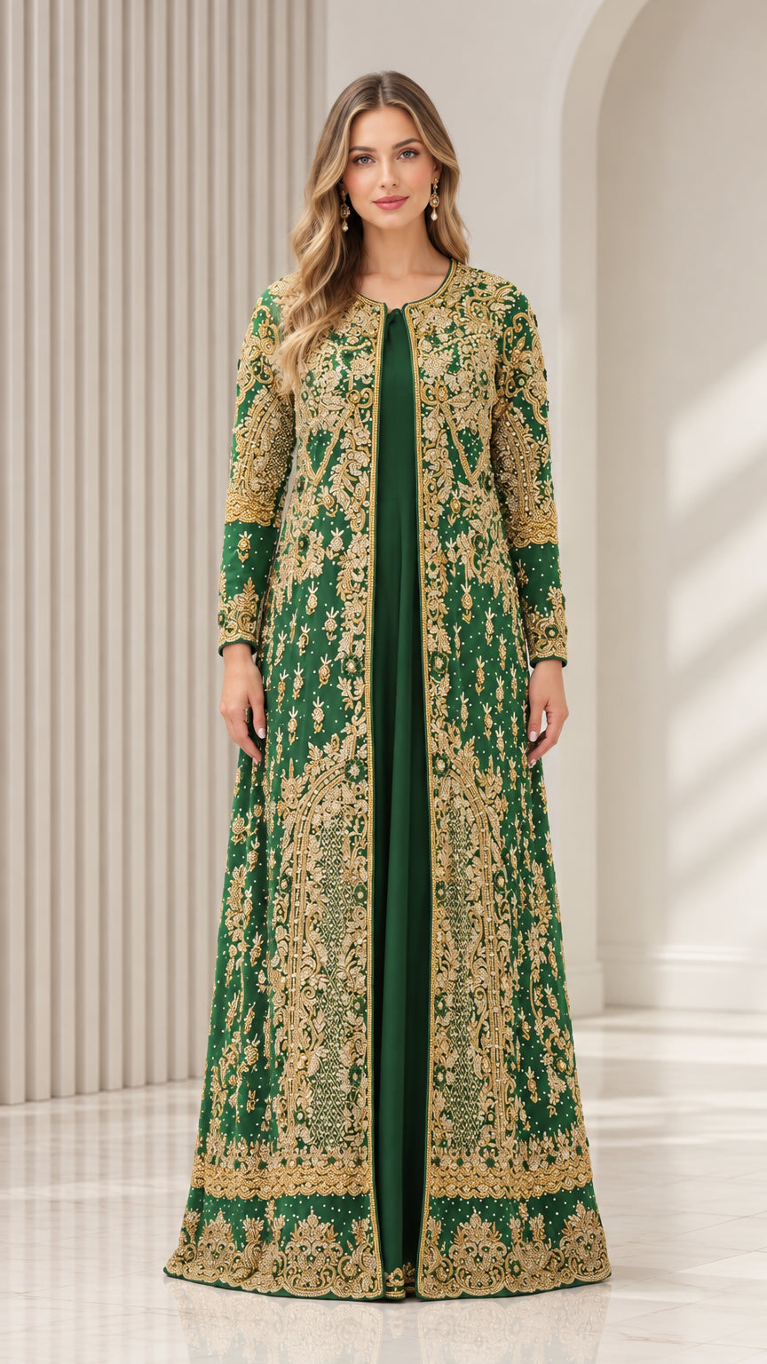 Front view of Emerald Green embroidered two-piece maxi dress with long coat