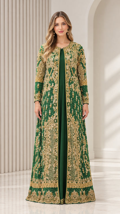 Front view of Emerald Green embroidered two-piece maxi dress with long coat