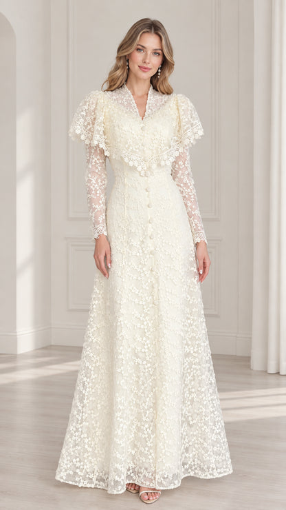 Ivory floral lace long sleeve maxi dress with capelet collar front view