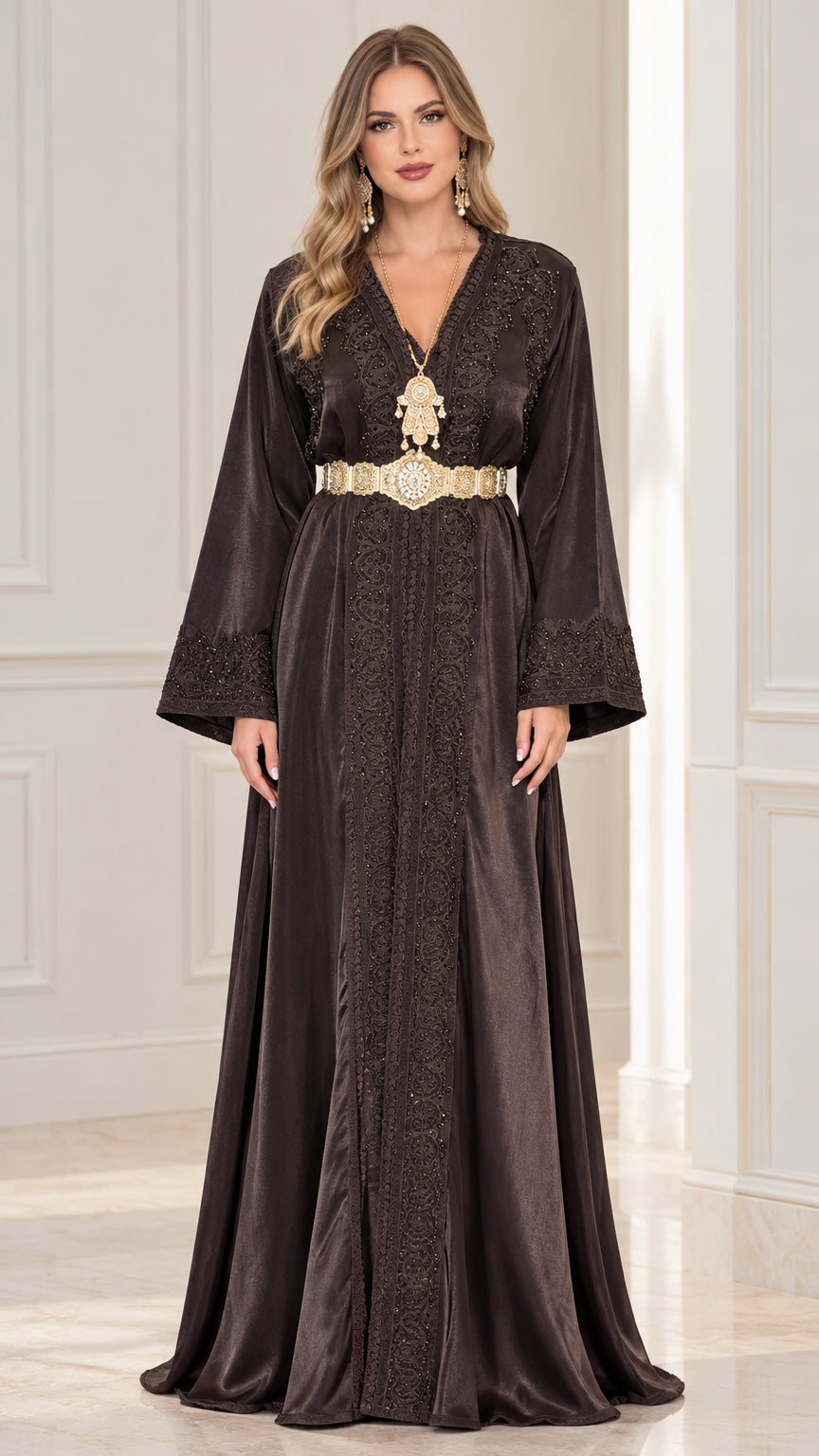 Front full view of black embroidered satin kaftan maxi dress with gold belt