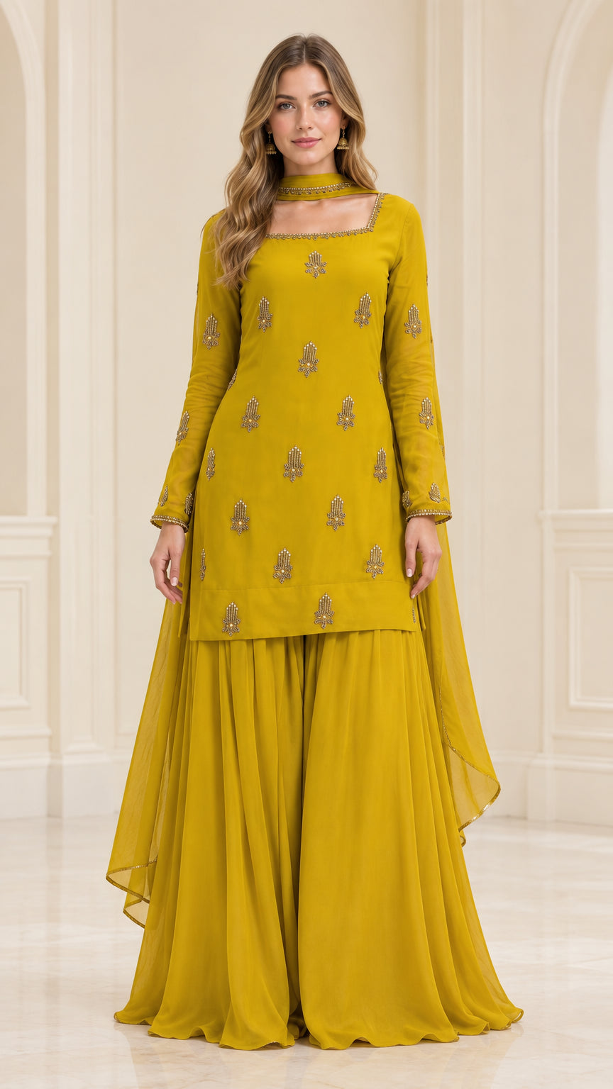 Front view of model wearing mustard yellow embroidered kurta sharara suit set