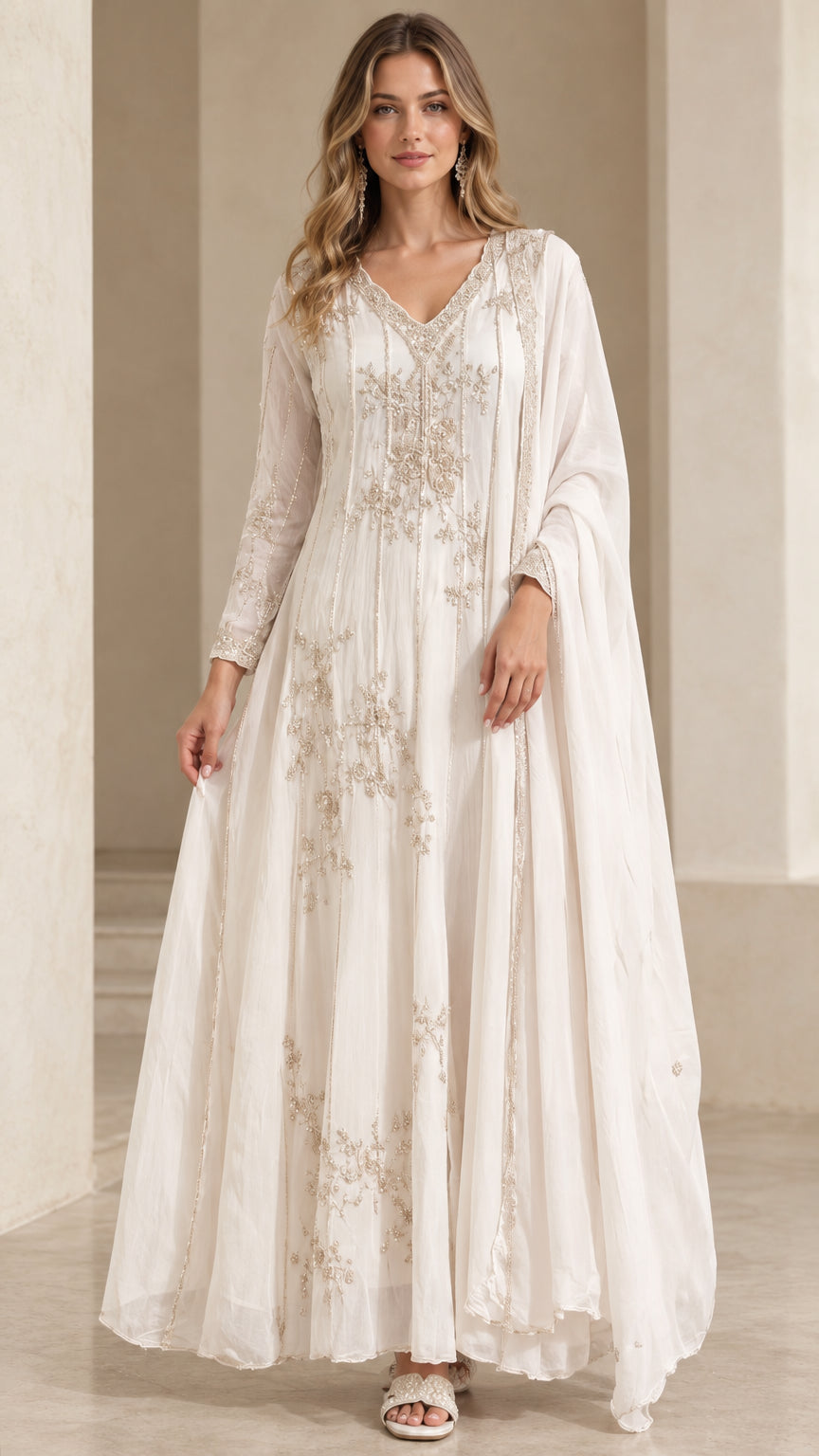 Front view of model wearing white embroidered V-neck A-line maxi gown with matching scarf
