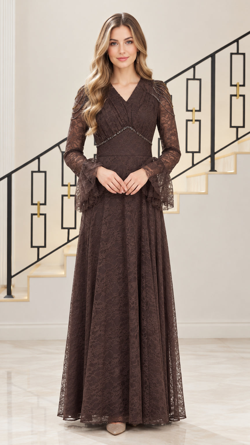 Front full view of chocolate brown beaded lace maxi evening gown