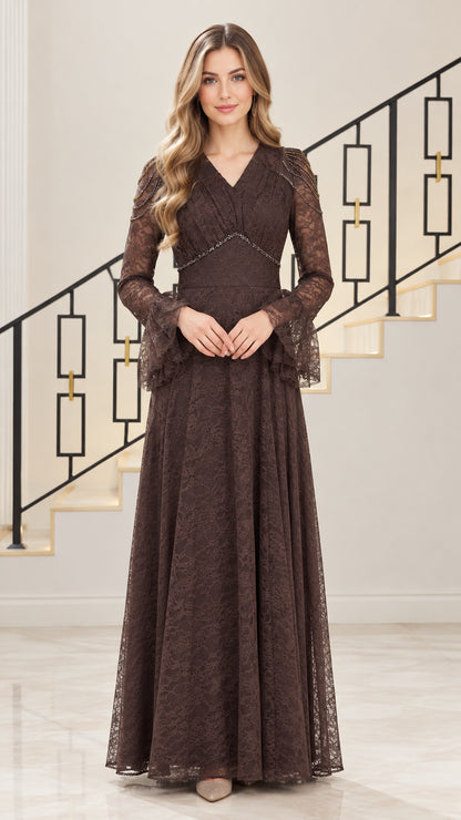 Front full view of chocolate brown beaded lace maxi evening gown