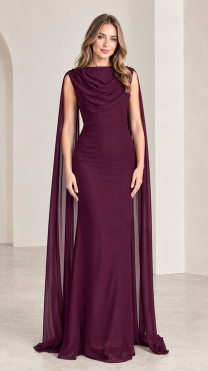 Front full-length view of model wearing burgundy cowl neck cape evening gown