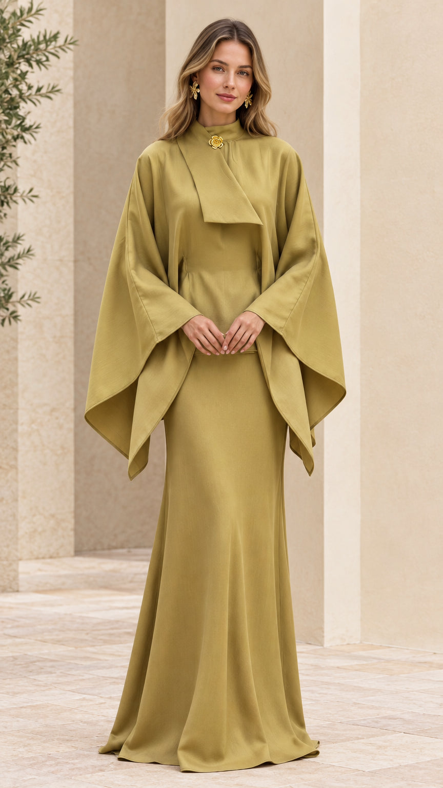 Front view of woman wearing olive green high neck cape sleeve maxi dress